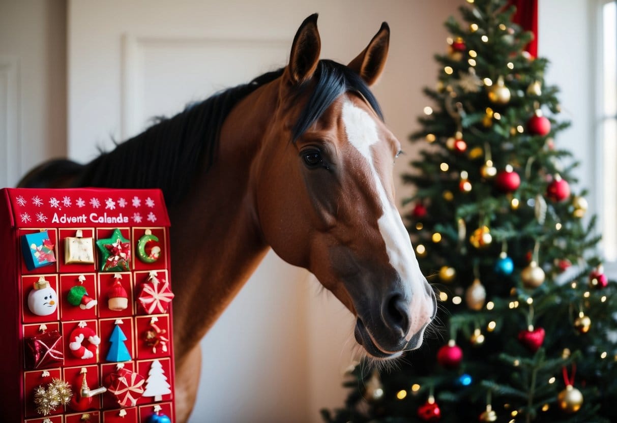 En hest gnasker ivrigt på en festlig julekalender fyldt med legetøj og godbidder og bringer magi til decemberdagene